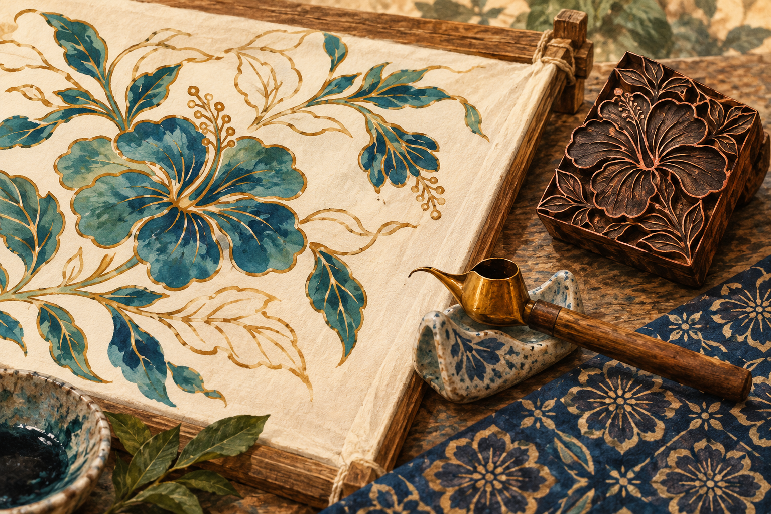AI concept illustration of floral batik cloth, a canting wax pen and a copper printing block; not the Penang factory interior