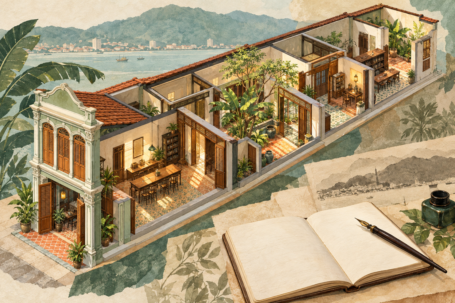 Original AI cutaway of a fictional long heritage house and courtyard, with a blank notebook