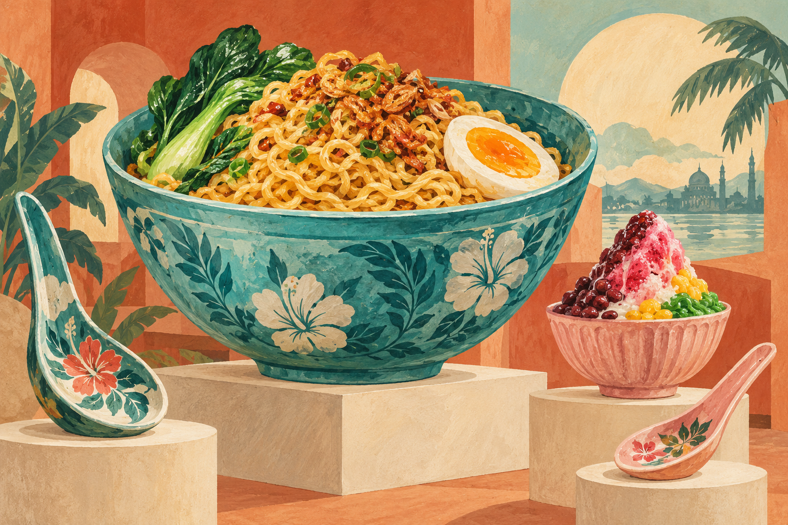 AI concept illustration of an oversized noodle bowl and shaved-ice dessert; not Wonderfood exhibits or an actual museum view